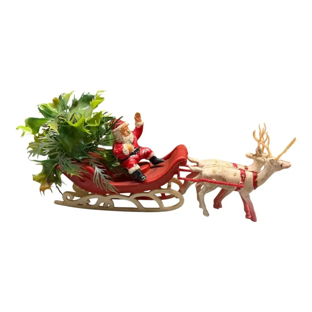 Vintage Tabletop Blow Mold Santa Sleigh with Reindeer Christmas Decor